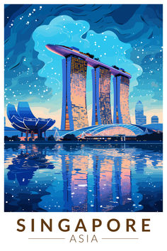 Vintage-style poster showcasing the iconic Marina Bay Sands in the Singapore skyline, perfect for adding city charm to your decor Country Poster Design, Travelling Painting, Singapore Wallpaper, Singapore Painting, Singapore Landscape, Singapore Aesthetic, Singapore Poster, Cities Poster