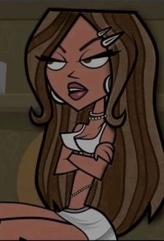 a cartoon girl with long hair and piercings on her head is looking at the camera