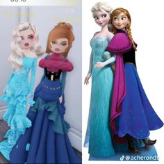 two pictures of frozen princesses, one with blonde hair and the other in blue