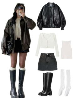 Brown Leather Jacket Skirt Outfit, Leather Jacket Tank Top Outfit, Cute Winter Outfits Boots, New York Leather Jacket Outfit, Outfit Inspo With Boots, Back Boots Outfit, Denim Skirt With Leather Jacket, One Jacket Many Outfits, Denim Skirt And Leather Jacket