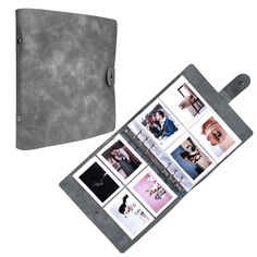 an open photo album with multiple photos on it and a leather cover over the top