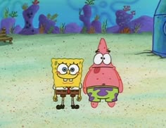 spongebob and his friend are standing in the sand