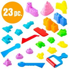 the play dough set has many different shapes and sizes