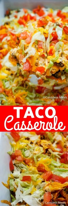 this taco casserole is loaded with shredded cheese, tomatoes and lettuce