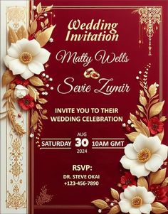 an elegant wedding card with flowers and gold trimmings on the front, red background