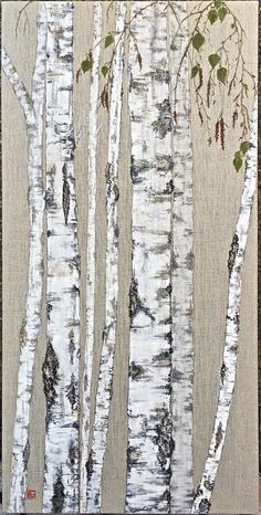 a painting of white birch trees with green leaves