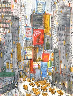 an illustration of a city street filled with yellow cabs and people sitting at tables