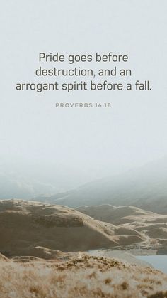 a man standing on top of a hill with a bible verse above him that reads pride goes before destruction, and an arrogant spirit before a fall