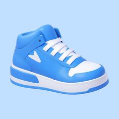 a pair of blue and white sneakers on a light blue background