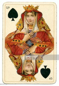 an image of a playing card with the queen in red holding her hands up to her chest