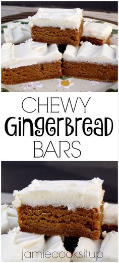 two pictures of chewy gingerbread bars with white frosting on top and bottom