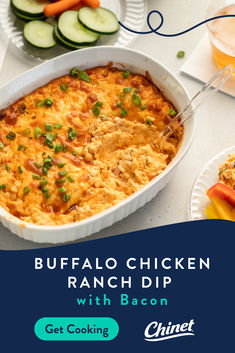 the buffalo chicken ranch dip with bacon is ready to be eaten and served for lunch