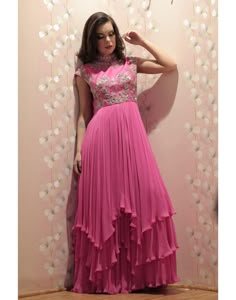 Rent Pink Multi-Layered Dress With Silver And Golden Mix Embroidery-Women-Glamourental Photoshoot Boy, Frock Models, Anarkali Dresses, Long Frock Designs, Kurti Embroidery, Lehnga Dress