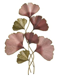 three pink flowers with gold leaves on a white background, one is in the shape of a leaf