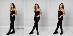 four photos of a woman in black clothing