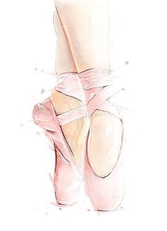 a watercolor drawing of a pair of ballet shoes with their laces tied up