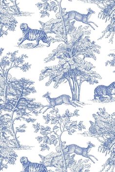 a blue and white wallpaper with animals in the woods on it's side