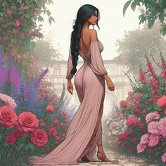 a painting of a woman in a pink dress standing on a path surrounded by flowers