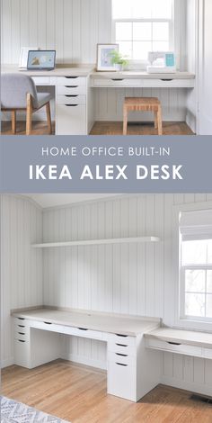 an office built in ikea alex desk is shown with the words, home office built in ikea alex desk