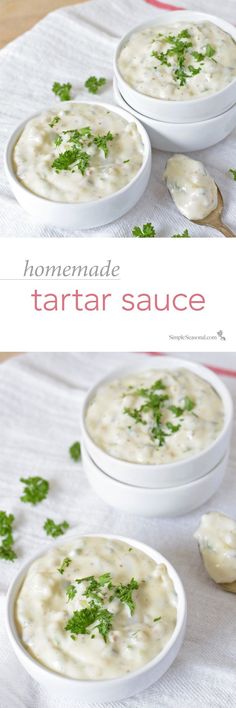 homemade tartar sauce in small white bowls with parsley on top