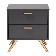 a black and gold nightstand with two drawers on one side, the other is open