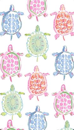 watercolor turtles on white background with pink, green and blue colors in the middle