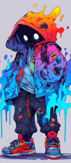 a drawing of a person with headphones on standing in front of colorful paint splatters