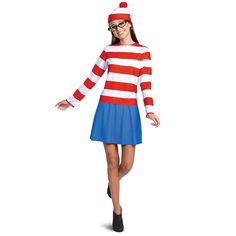 a woman in a red, white and blue costume