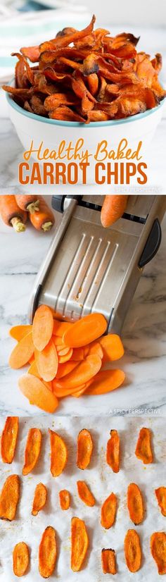 the carrot chips are being peeled and cut into wedges with text overlay that reads, healthy baby carrot carrots