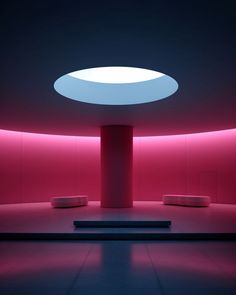 an empty room with pink lighting and round lights on the ceiling is lit by red light