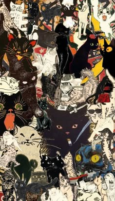 an image of many cats that are all over the place with different colors and shapes