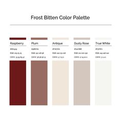 the color palette for frosty rose is shown in shades of red, white and brown