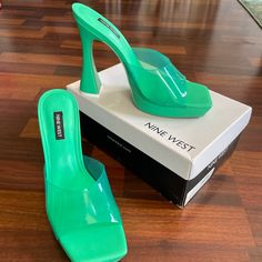 Pair These Slick Nine West Slides With Jeans This Fall Trendy Green Slip-on Heels, Trendy Green Heels With Heel Loop, Casual Green Heels With Reinforced Heel, Green Synthetic Heels With Heel Loop, Green Square Toe Heels With Heel Loop, Green Square Toe Heels, Green Slides, 5 Inch Heels, Shoes Brand