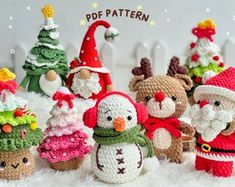 crocheted christmas ornaments with santa claus, snowman and other characters