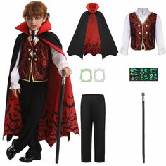 a little boy dressed up as dracula with his cape and hat, holding a cane