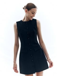 Button Solid Crew Neck Sleeveless Dress Classy Little Black Dress, Nyc Work, Minimalist Ootd, 90s Y2k Fashion, Crew Neck Dress, Blouse Ideas, Dress Trendy, Vest Blouse