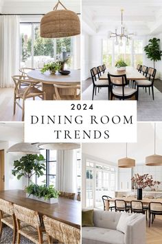 the dining room is decorated in white and black with lots of natural greenery to brighten it up