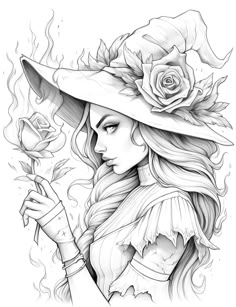 a drawing of a woman wearing a hat and holding a rose in her right hand