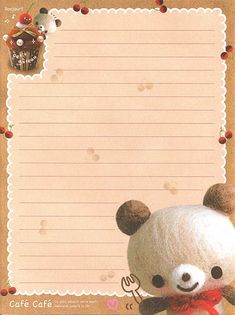 a teddy bear with a red bow on it's head is standing in front of a blank paper