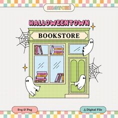 halloween town bookstore with ghost and bookshelf on the front cover, surrounded by spider webs