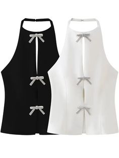 Get ready to turn heads with our Shelby Rhinestone Bow Tux Halter Tops! These tuxedo style inspired tops feature a trendy bow design with sparkling rhinestones with peekaboo slit front, perfect for adding a touch of glam to any outfit. With a unique halter top style, you'll feel chic and stylish all day long. Casual or dressed up, this versatile top is a must have for your closet right now! Gender: WOMEN Item Type: Tops, Halter Top, Tank Top Material: Polyester Elasticity: Non Stretch Decoration Sling Top, Bling Bows, Trendy Bows, Halter Vest, Womens Halter Tops, Middle Age Fashion, Rhinestone Bow, Summer Crop Tops, Womens Cami