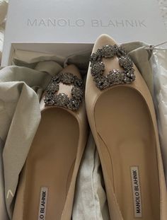 Manolo Blahnik Hangisi Flats, Hangisi Flats, Champagne Aesthetic, Manolo Blahnik Flats, Rich Aunt, Manolo Blahnik Hangisi, Embellished Shoes