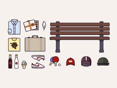 a wooden bench surrounded by various items that include shoes, backpacks, and hats