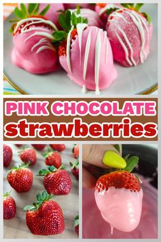 pink chocolate strawberries are dipped with white chocolate and sprinkled with green leaves