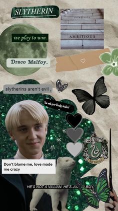 a collage of harry potter images and texting from her book, slytherin