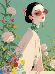 a woman with flowers in her hair and sunglasses