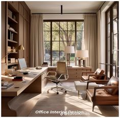 an office with two desks and chairs in front of large windows