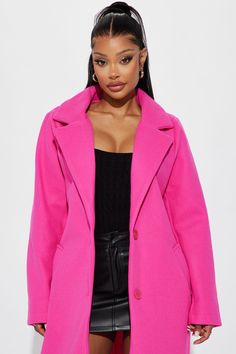 Available In Fuchsia, Cream, Camel, Black, And Ivory. Coat Button Closure Pockets Shell: 100% Polyester Lining: 100% Polyester Imported | Hit The City Coat in Fuchsia size Medium by Fashion Nova Pink Coats, Pink Coat, Promotional Events, Fashion Nova, The City, Camel, Size Medium, Plus Size, Cream