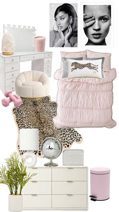 a bedroom with white furniture and pink accessories