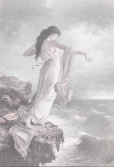 a painting of a woman standing on top of a cliff next to the ocean with her arms outstretched